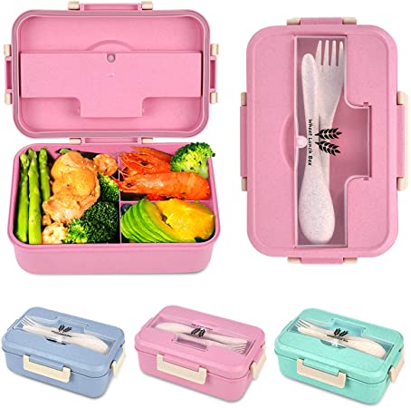 Bento Box For Kids and Adults With 3 Compartment,Wheat Fiber Leak Proof Lunch Box Food Containers With Spoon & Fork(1200ML) (Pink)