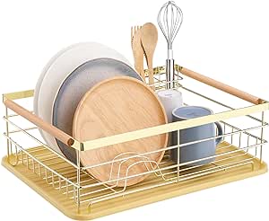 Navaris Dish Drainer Rack - Plate, Silverware, Pots and Pans Drying Rack for Kitchen with Beechwood Handles - Modern Retro Design Drip Tray - Gold