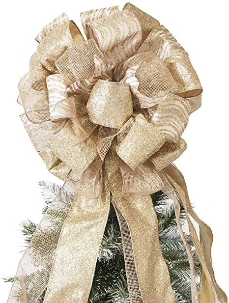 FLASH WORLD Christmas Tree Topper,27x12 Inches Large Toppers Bow with Streamer Wired Edge for Christmas Decoration (Rose Gold)