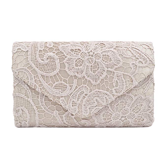 Premium Lace Paisley Floral Fabric Satin Envelope Flap Clutch Evening Bag