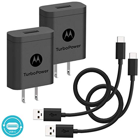 [2-Pack] Motorola TurboPower 18 QC3.0 Chargers with long 6.6 foot USB-A to USB-C cables for Moto Z, Z2, Z3, X4, Motorola One, One Power, G7, G7 Play, G7 Plus,G6, G6 Plus [NOT for G6 Play] (Retail Box)