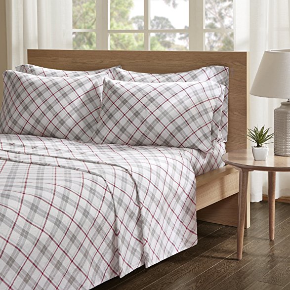 Comfort Spaces - Ultra Soft And Cozy Printed Plaid 100% Cotton Flannel Sheet Set - 4 Piece - Twin - Grey/Red - Includes 1 Fitted Sheet, 1 Flat Sheet and 2 Pillow Cases