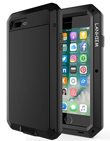 iPhone 7 Plus Case, 8 Plus Case, Lanhiem Tough Armour [Full-Body] Shockproof Heavy Duty Protection Rugged Metal   Soft Bumper Cover with Glass Screen Film for Apple iPhone 7  /8 Plus (5.5inch), Supports Wireless Charging -Black
