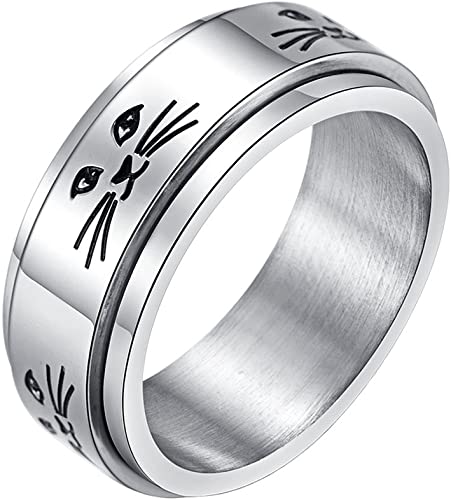 INRENG 8MM Fashion Stainless Steel Cute Kitty Spinner Ring for Men Women Silver Promise Rings Band Cat Face Engraved