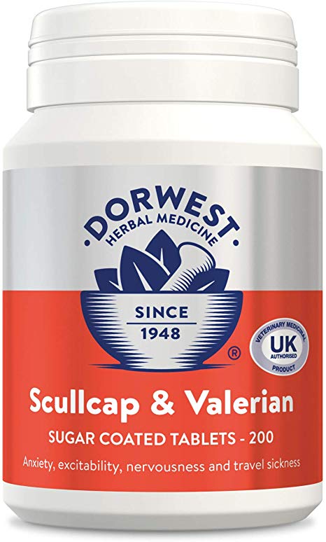 Dorwest Herbs Scullcap and Valerian Tablets for Dogs and Cats 200 Tablets, only natural herbal licensed by VMD for nervousness, anxiety and travel sickness in dogs, made in UK