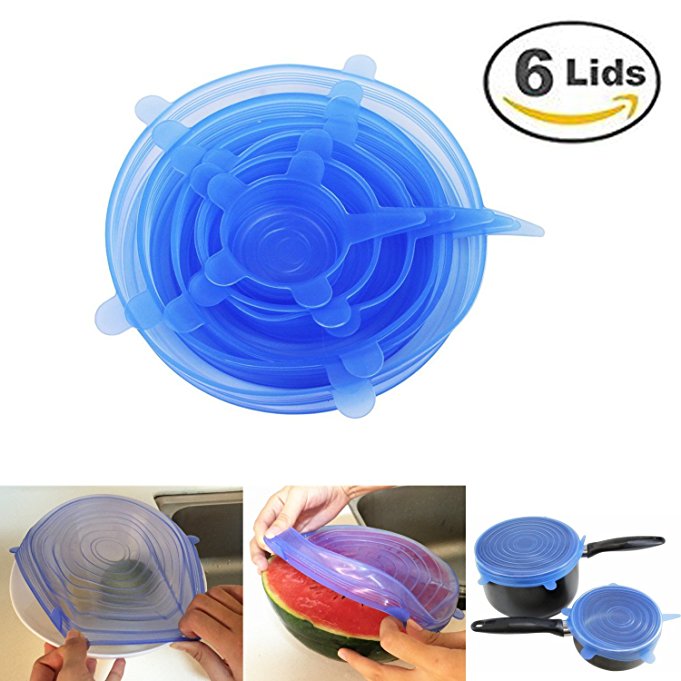 Silicone Stretch Lids 6 pack Reusable, Durable and Expandable to Fit Various Sizes of Containers Superior for Keeping Food Fresh, Dishwasher and Freezer Safe