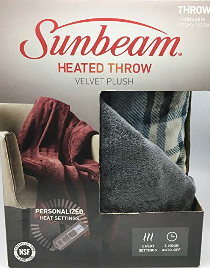 Sunbeam Velvet Soft Plush Electric Heated Throw Blanket Size: 50 x 60 3 Heat Setting Remote Control Auto Off (Grey Plaid)