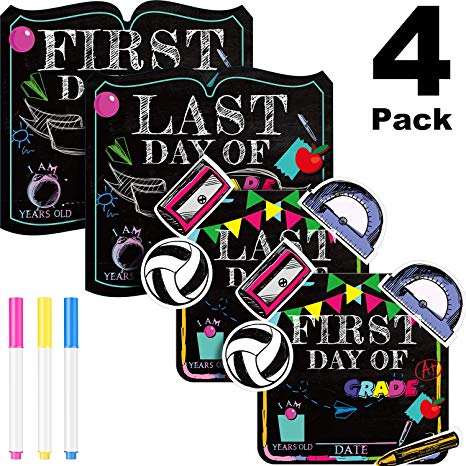 First Day School Sign, 4 Pieces Unique Back to School Sign with 3 Erasable Chalk Pens Reusable First Day Last Day School Sign Photo Booth Props Chalkboard Style