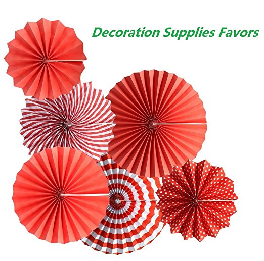 Party Hanging Paper Fans Set, Red Round Pattern Paper Garlands Decoration for Birthday Party, Bridal, Baby Shower, Fiesta Wedding Graduation Events Accessories, Set of 6