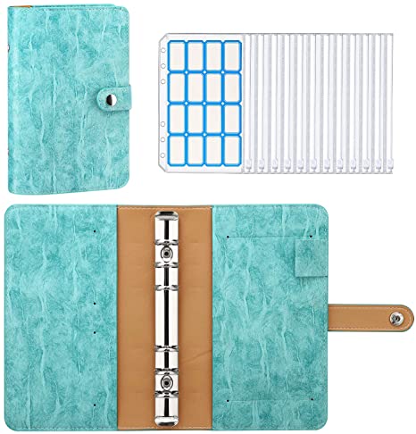 MoKo 6-Ring Binder Notebook, A6 PU Leather Loose-Leaf Notebook Folder with 12-Pack Clear Plastic Binder Envelopes, Clear Budget Envelope System Planner with Label Stickers - Light Blue