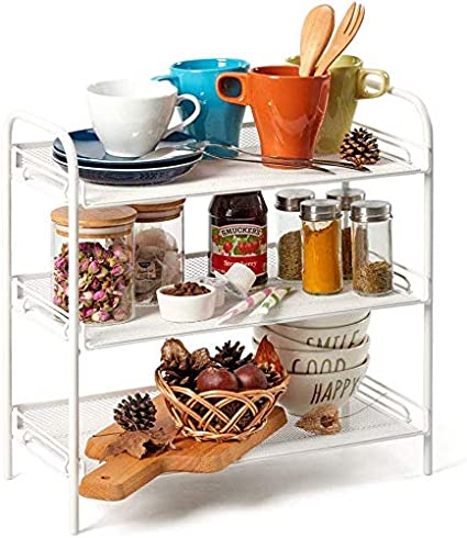 3-Tier Countertop Rack, EZOWare Mesh Storage Organizer Tabletop Shelf for Kitchenware Bathroom Cans Foods Spice Office - White