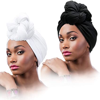 2 Pieces Stretch Head Wrap Scarf Stretchy Turban Long Hair Scarf Wrap Solid Color Soft Head Band Tie for Women (Black, White)