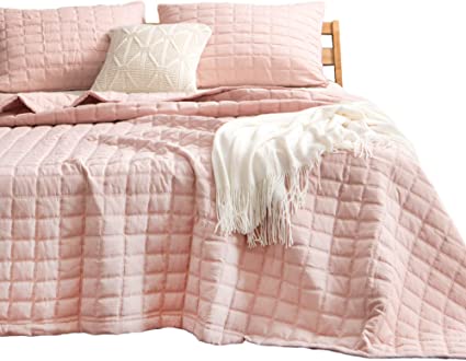 KASENTEX Quilt-Bedding-Coverlet-Blanket-Set, Machine Washable, Ultra Soft, Lightweight, Stone-Washed, Detailed Stitching - Solid Color (Blush Pink, Oversized King   2 King Shams)