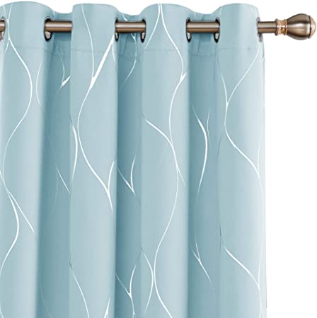 Deconovo 84 Inch Long Blackout Curtains Silver Wave Foil Print Grommet Room Darkening Curtain Window Draperies for Living Room 52W x 84L Inch 2 Panels Sky Blue