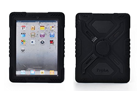 Pepkoo Ipad 2/3/4 Case Plastic Kid Proof Extreme Duty Dual Protective Back Cover with Kickstand and Sticker for Ipad 4/3/2 - Rainproof Sandproof Dust-proof Shockproof (Black/black)