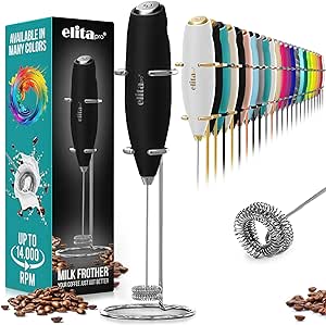 ElitaPro Powerful Milk Frother Wand - Handheld Coffee Frother - Mini Foam Maker With Stand - Whisk Drink Mixer & Foamer for Coffee, Latte, Cappuccino, Frappe, Matcha, Hot Chocolate (Black)