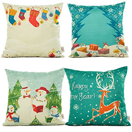 HOSL SD16 Merry Christmas Series Blend Linen Throw Pillow Case Decorative Cushion Cover Pillowcase Square 18" - Set of 4