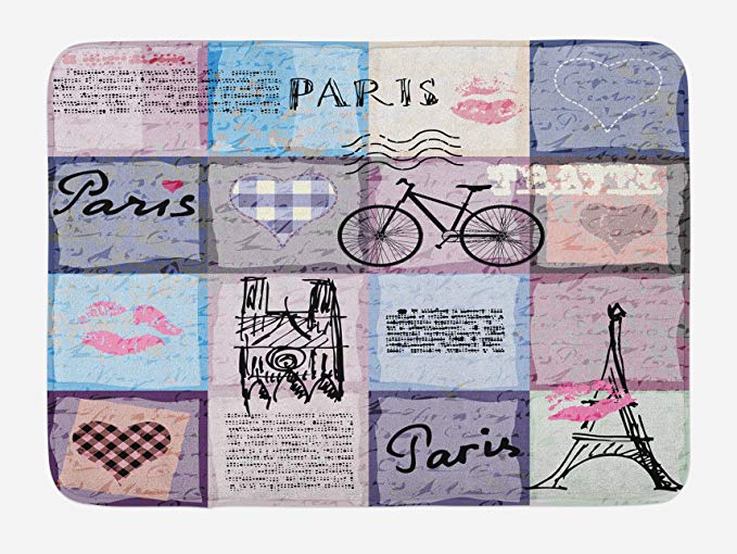 Ambesonne Paris Bath Mat, Grunge Textured Retro Collage of Paris with Famous Object Eiffel Tower Europe Theme, Plush Bathroom Decor Mat with Non Slip Backing, 29.5 W X 17.5 L Inches, Multicolor