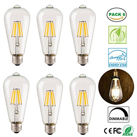 PACK of 6 LED Vintage Edison Light Bulbs,Dimmable 6W Clear ST64 Antique E26 LED Filament Decorative Light Bulbs Pure White(6000K) 120V