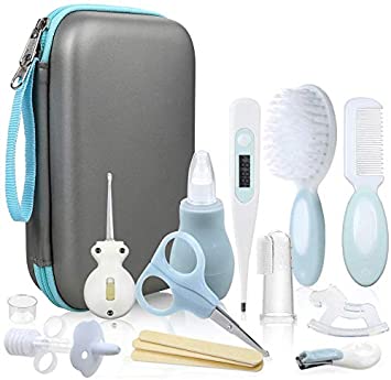 Lictin Baby Grooming Kit Newborn Care - 15PCS Baby Health Care Set Portable Baby Thermometer Kit, Safety Cutter Baby Nail Kit for Nursing Baby Girl Boys Heath and Grooming (Light Blue)