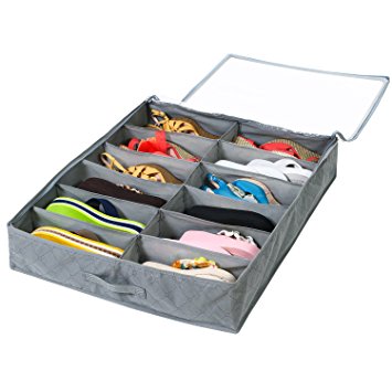 Lifewit 12 Pairs Under Bed Shoe Organizer Closet Storage Solution Organizer Box with Front Zippered Closure, Grey