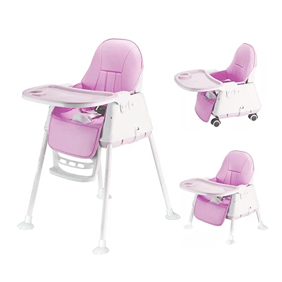 TONY STARK 3 in 1 Cushion Feeding High Chair With Wheels, Booster Seats,Adjustable dual Dining Tray, 3 Height adjustments, Reclining seat , (Portable, Safe & Easy to Clean) for Baby, Kids, Toddler (Pink) (upto 35kg weight)