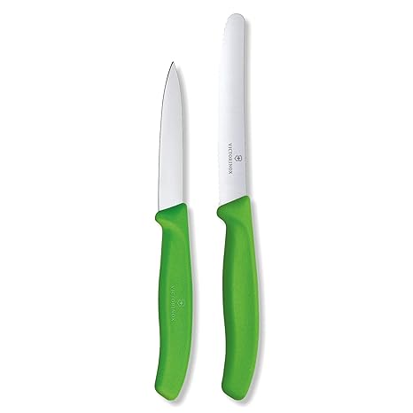 Victorinox Kitchen Knife, Set of 2, Sharp Stainless Steel Straight Edge and Wavy Edge Knives, Green