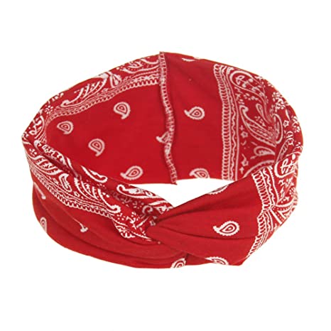 DINPREY Assorted Paisley Print Wide Bandana Knot Headbands Criss Cross Head Wrap Hair Band (Red)