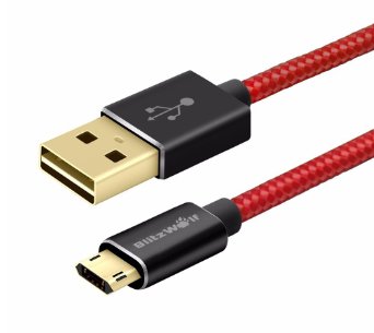 Reversible Braided Micro USB Cable, BlitzWolf 3ft Double Sided Plugable USB Micro B Charger and Data Cord for Android Phone, Samsung Galaxy S6 Edge, Note 5 Edge, HTC M9, Xperia Z3 Z2, Moto X (Red)
