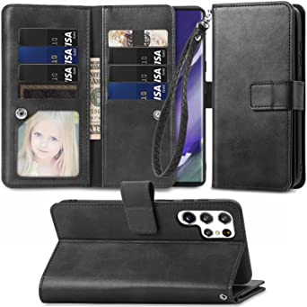 Nuomaofly for Samsung Galaxy S22 Ultra Case Wallet,Soft PU Leather Magnetic Buttons Wrist Strap Card Holders Shockproof Kickstand Protective [Flip Folio Cover] for Galaxy S22 Ultra, Black