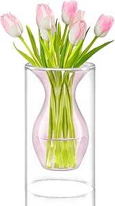 ZENS Unique Pink Small Flower Vase, Double Hollow Floating Clear Glass Vase, Modern Decorative Vase Hand Blown Cool Bud Vase for Home Small Bouquet, Wedding Centerpieces