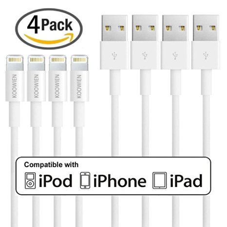 iPhone Charger, KOOWIEN 4Pack 3ft 8Pin Lightning Cable USB Syncing and Charging Cord for iPhone 6s plus/6s/6 plus/6, se/5s/5c/5, iPad Air/Pro/Mini, iPod nano/touch (White)