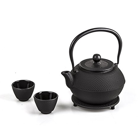 4 piece Japanese Cast Iron Pot Tea Set Black w/ Trivet (40 oz)