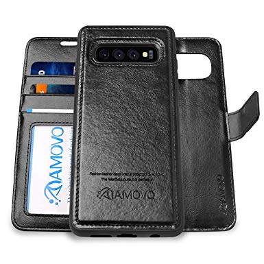 AMOVO Case for Galaxy S10 (6.1’’) [2 in 1] Samsung Galaxy S10 Wallet Case Detachable [Vegan Leather] [Wrist Strap] [Kickstand] Samsung S10 Folio Flip Case with Gift Box Package (S10 (6.1'') Black)