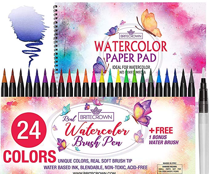 Watercolor Brush Pens Soft Tip Markers Set 24 Colors  1 Water Brush Blending Pen   Bonus 15 Sheet Watercolor Paper Pad Sketch Book for Calligraphy Comic Manga Kids Drawing Adult Coloring Painting Kit