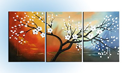 Ode-Rin Art Christmas Gift Hand Painted Oil Paintings White Flowers 3 Panels Wood Inside Framed Hanging Wall Decoration