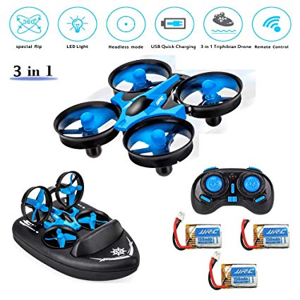 PinPle JJRC H36F Mini RC Drone, 3 in 1 RC Quadcopter Support RC Vehicle RC Hovercraft Boat Mode 360° Flips Headless One Key Return, Best Drone for Kids Beginners Children Toys Gift   3 Battery