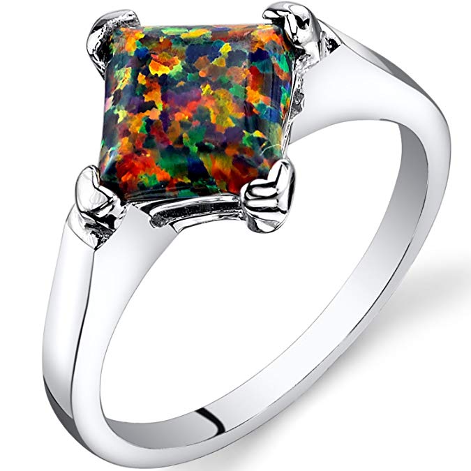 Created Black Opal Princess Cut Solitaire Ring Sterling Silver 1.00 Carat Sizes 5 to 9
