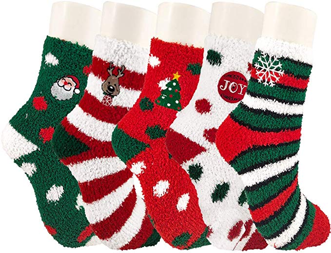 Christmas Socks,5 Pairs Christmas Fuzzy Socks for Women Santa Socks Holiday XMAS Fluffy Socks