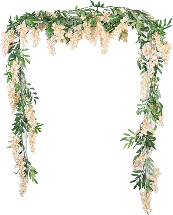 Duovlo 4Pcs 6.6Ft/Piece Imitation Silk Wisteria Garland Hanging Flower Vine for Home Outdoor Garden Ceremony Wedding Arch Floral Decor (Champagne)