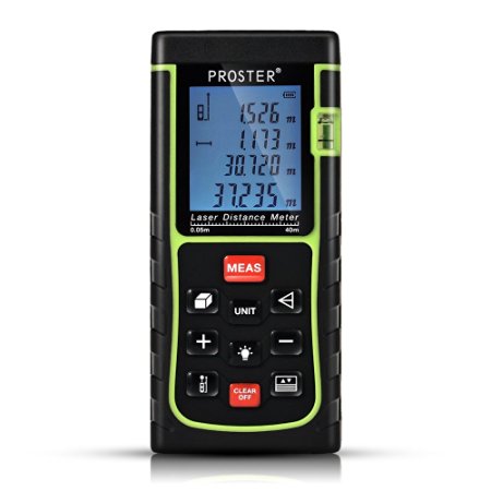 Laser Distance Meters, Proster Digital Laser Distance Measuring Tool with Bubble Level and Backlit LCD, Up to 40m (0.16 to 131 ft)