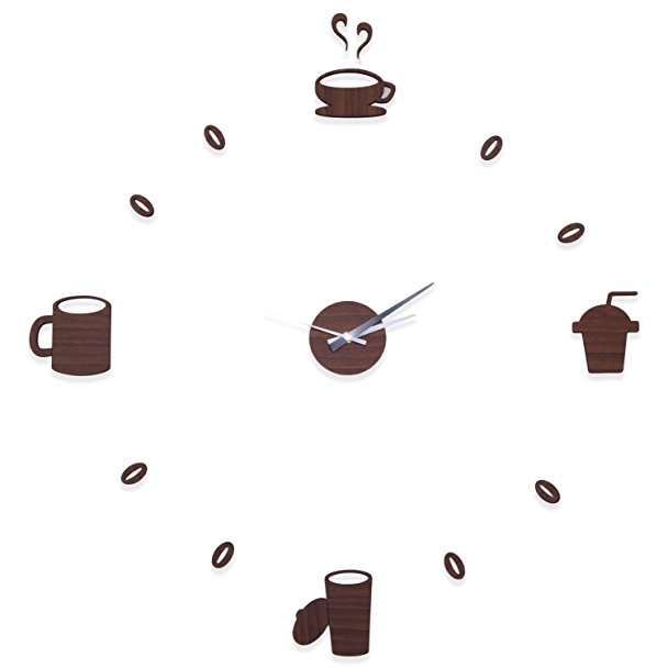 Faux Brown Wood DIY Battery Powered Adhesive Wall Clock with Coffee Designs - 23" x 23"