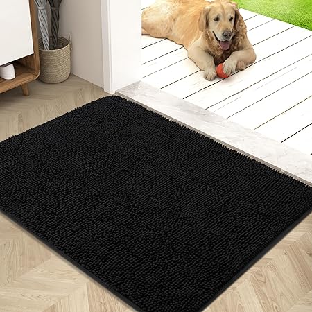 OLANLY Dog Door Mat for Muddy Paws, Absorbs Moisture and Dirt, Absorbent Non-Slip Washable Mat, Quick Dry Microfiber, Mud Mat for Dogs, Entry Indoor Door Mat for Inside Floor(40x32 Inches, Black)