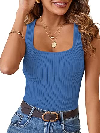 MEROKEETY Women's Ribbed Tank Tops Knit Square Neck Sleeveless Shirts Summer Casual Basic Tanks