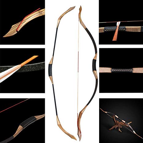 IRQ Archery Hunting Recurve Bow 30-50lbs Handmade Longbow Left and Right Handed Horsebow Target Practice Bow for Adult Outdoor Sports Competition Carbon Arrows Bows
