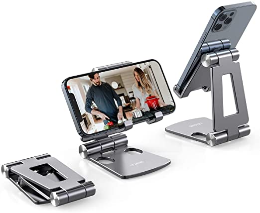 Phone Stand,licheers Cell Phone Stand for Desk, Foldable Phone Holder Compatible with Phone 12 Pro Max Mini 11 Xs Xr X 8 7 and Other 4-7 Inch Devices(Grey)