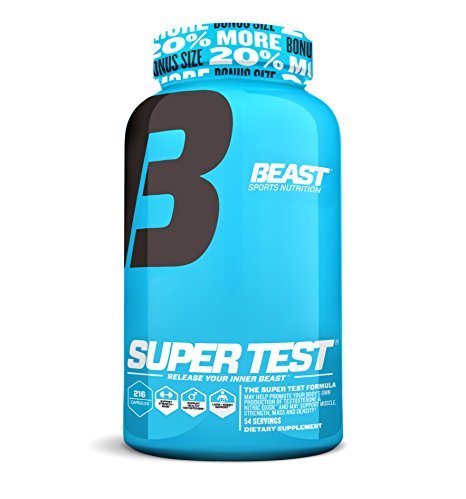 Super Test by Beast Sports - Professional Strength, Natural Testosterone Booster Supplement with Nitric Oxide Support for Maximum Muscle Mass, Stamina, Strength, and Recovery, Bonus Size, 216 Capsules