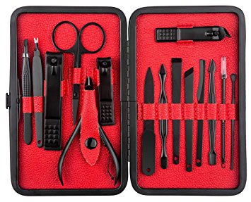 BESKIT Manicure Set Professional Stainless Steel Nail Clipper Travel kit & Grooming Kit Nail Tools Manicure & Pedicure Set of 15pcs with Leather Travel Case (Black-Red)