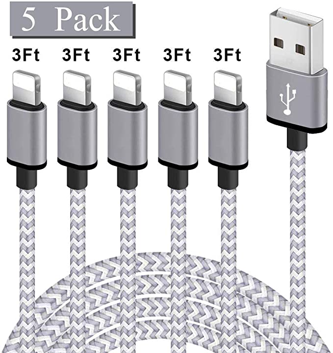 iPhone Charger, Pal-Xiboe Lightning Cable 5PACK 3Ft Nylon Braided USB Charging Cable High Speed Data Sync Transfer Cord Compatible with iPhone 11/11 Pro Max/XS MAX/XR/XS/X/8/7/Plus/6S/iPad(Gray&White)