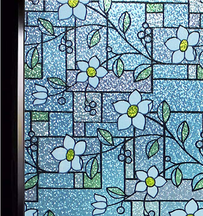 DUOFIRE Stained Glass Window Film Color Flower Pattern Privacy Window Film Decorative Glass Film No Glue Anti-UV Window Sticker 35.4in. x 78.7in.(90 X 200cm) DP003-1